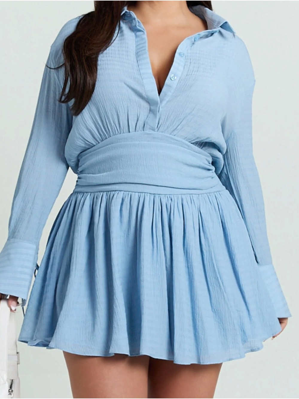 Light Blue Long-Sleeve Ruched Waist Mini Dress NWOT Size 16